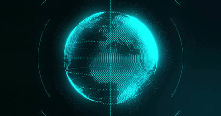 Rotating turquoise globe showing axis line, grid overlays and orbit lines in data interface. Technology, data visualization, futuristic, digital interface, cyber, innovation, networkの写真素材