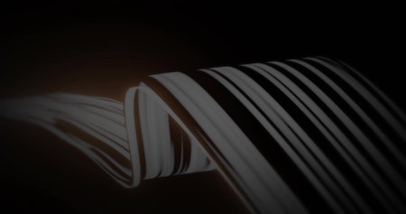 Undulating abstract ribbon weaving through dark void, with warm orange glow highlighting contours. Modern, digital, minimalist, dynamic, futuristic, sleek, typographyの写真素材