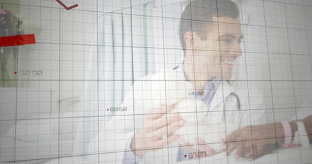 Smiling male doctor with stethoscope gesturing toward child patient in clinic, with chart overlays. Professional, healthcare, consultation, clinical, pediatric, diagnostics, wellnessの写真素材