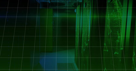 Projecting green overlay scanning data center corridor, with server racks, switches and cables....