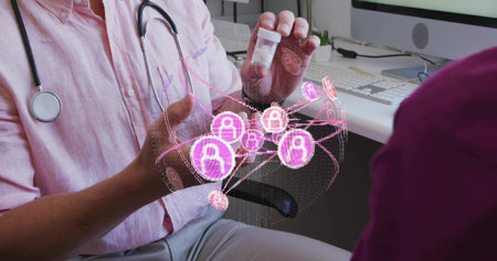 Doctor wearing pink shirt, stethoscope, holding pill bottle above network in office, copy space....