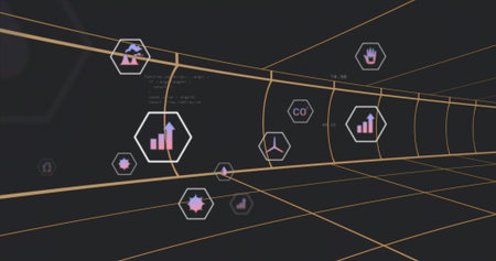 Extending tunnel converging in data corridor, with hexagonal panels and COâ‚‚ icons over yellow...