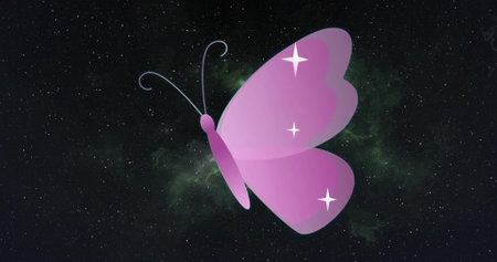 Floating purple-pink gradient butterfly gliding through outer space, with star-sparkle accents....