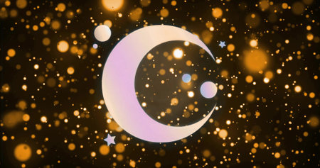 Lavender crescent moon floating in dark background, with golden bokeh pastel spheres and stars. Fantasy, celestial, dreamy, minimalist, cosmic, abstract, shimmeringの写真素材