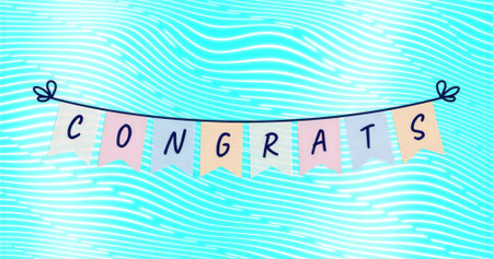 Hanging pennant banner spelling CONGRATS on cord across aquamarine backdrop, with white wavy lines. Celebration, festivity, decor, playful, vibrant, cheerful, graduationの写真素材