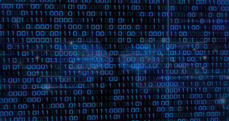 Streaming matrix of blue binary zeros and ones forming display, showing grid lines and map. Neon,...