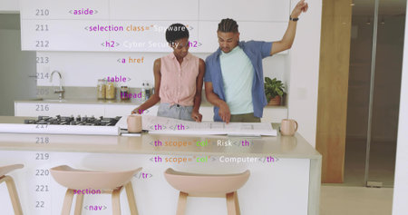 Standing Hispanic man and African American woman studying blueprint at kitchen island with stools....