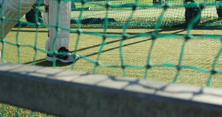 Cricket batter legs standing in net cage on turf, with leg pads, shoes, green net frame. Sports, training, athletic, outdoor, fitness, performance, equipmentの写真素材