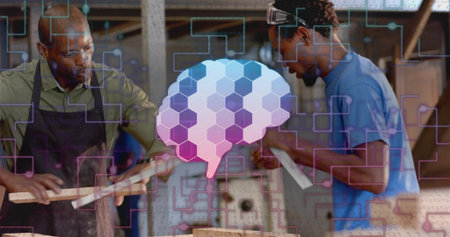 Planing and sanding coworkers shaping wooden planks at workshop bench. Craftsmanship, collaboration, innovation, artisanal, manual, creative, industrialの写真素材