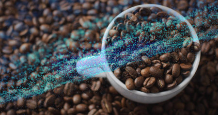 Showing white ceramic cup holding roasted coffee beans on tabletop, with turquoise data stream, arc. Minimalist, technology, digital, industrial, modern, abstract, still lifeの写真素材