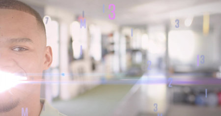 Smiling left man in light shirt posing in open office, lens flare numeric overlays, copy space. Headshot, person, casual, coworking, workspace, daylight, windowsの写真素材