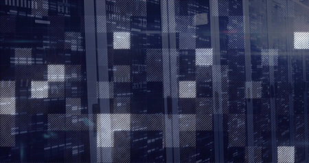 Glitching grid pattern streaming on digital console, with illuminated squares and rectangles....