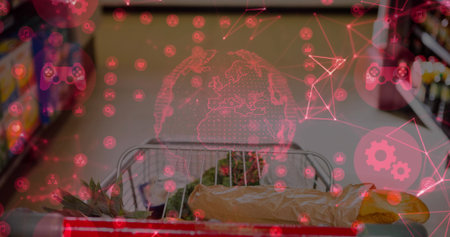 Moving cart in store aisle, with baguette, groceries, holographic network globe with social icons. Retail, commerce, technology, connectivity, digital, innovation, marketingの写真素材