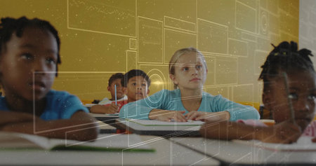 Sitting children writing at desks with black trim in classroom, with notebooks and pencils. Education, learning, school, group, children, classroom, literacyの写真素材