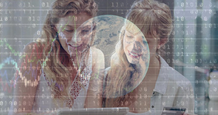 Collaborating women in professional attire examining tablet and smartphone in office with overlay. Technology, teamwork, innovation, digital, productivity, modernity, communicationの写真素材