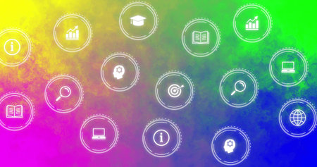 Hovering icon cluster floating over digital art background, with information and analytics symbols. Futuristic, technological, innovative, abstract, data, connectivity, educationの写真素材