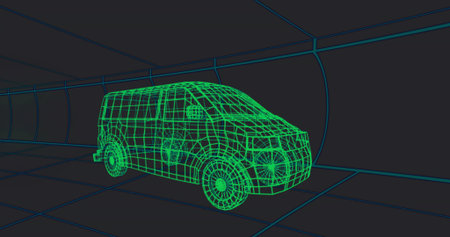 Rendering neon green wireframe passenger van gliding inside tunnel, featuring teal grid lines in 3D. 3d modeling, digital art, cyberpunk, futuristic, technology, virtual environment, abstractの写真素材