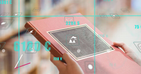 Showing student hands holding red book in library, casting grid with power lightning currency icons. Technology, education, library, innovation, digital, learning, interfaceの写真素材