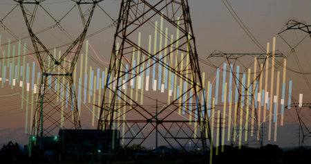 Electrical infrastructure standing at power site at dusk, with bar chart and line graph graphics. Industrial, infrastructure, data visualization, energy, power grid, technology, duskの写真素材