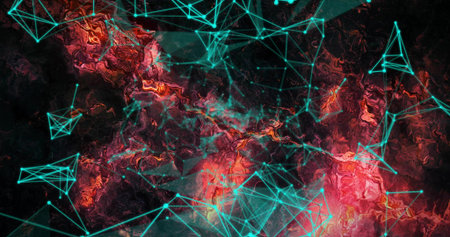 Spanning turquoise network of lines and nodes over cosmic digital space, showing red-orange clouds. Futuristic, technological, digital art, abstraction, connectivity, innovation, vibrantの写真素材