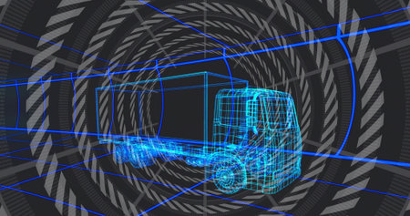 Highlighting wireframe truck model moving through data tunnel with grid floor and circular patterns. Futuristic, digital, technology, 3d rendering, virtual, schematic, transportationの写真素材