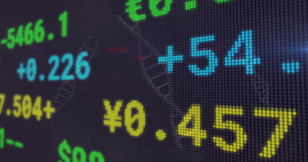 Showing market data on LED grid on trading floor, with colored digits, yen symbols, abstract curves....