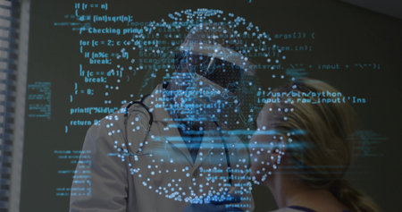 Doctor wearing lab coat, stethoscope adjusting AR headset in clinic, with data sphere, code overlay. Futuristic, healthcare, technology, innovation, diagnostics, digital, precisionの写真素材