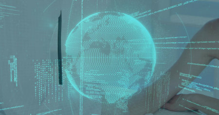 Projecting holographic Earth globe hovering in modern interior display, with floating code graphics. Futuristic, digital, interface, technology, innovation, immersive, translucentの写真素材