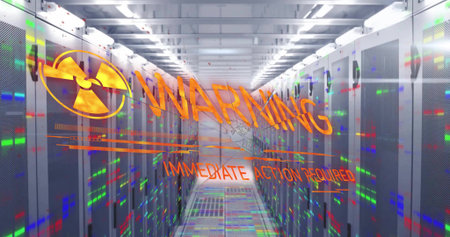 Displaying orange hologram warning overlay between server racks in corridor, with blinking LEDs....