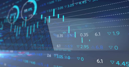 Displaying turquoise candlestick charts glowing on office skyscraper glass, with figures and arrows....