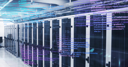 Stretching row of black glass-doored server racks along data center corridor, with code overlay....