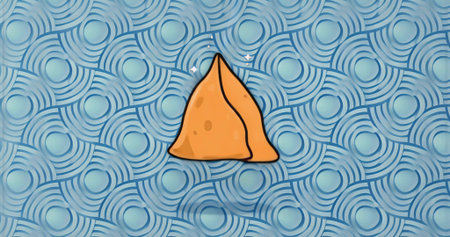 Featuring golden brown triangular pastry resting on blue pattern, with white sparkles. Appetizer, snack, graphic design, modern, geometric, vibrant, minimalismの写真素材