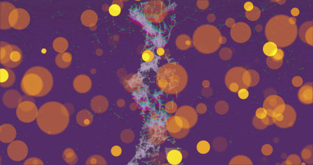 Rising central molecular network in digital space with nodes and lines and orange bokeh circles. Abstract, digital, futuristic, technology, connectivity, innovation, vibrantの写真素材