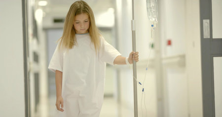 Walking gowned child holding IV pole through hospital hallway with corridor doors and wristband. Pediatric, healthcare, clinical, hospitalization, minimalistic, care, medicalの写真素材
