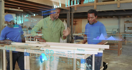 Collaborating three men in work shirts inspecting wooden planks in woodshop, with AR charts....