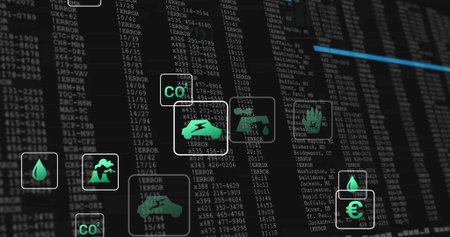 Displaying overlays floating over error code dashboard, with CO2 water factory scale plant icons. Digital, analytics, futuristic, sustainability, monitoring, industrial, environmentalの写真素材