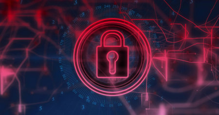 Hovering neon pink padlock icon guarding virtual network, with dial ring markings and data paths....