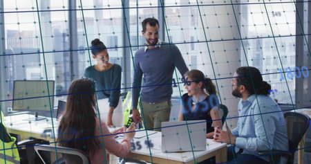 Discussing five professionals reviewing data and planning in office with laptops smartphone papers. Collaboration, teamwork, innovation, analysis, strategy, productivity, modernityの写真素材