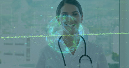 Standing female doctor in coat with stethoscope in clinic behind globe overlay with data waveform....