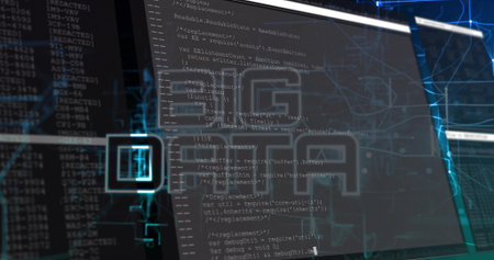 Displaying code panels unfolding at dark workspace, with UI modules, BIG DATA text, network lines. Technology, data visualization, programming, cybersecurity, digital interface, futuristic, analyticsの写真素材