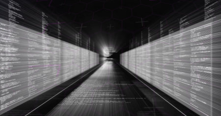 Glowing virtual tunnel showing streaming code panels on walls, floor with hexagon grid ceiling....