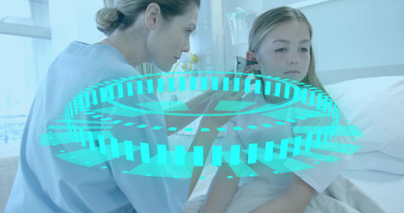 Leaning medical worker in scrubs examining patient in hospital, with otoscope and turquoise overlay. Healthcare, diagnosis, examination, health technology, medical staff, pediatric careの写真素材