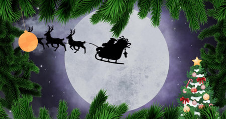 Sleigh of Santa and reindeer image over moonlit night with Christmas decorations. holiday, festive, moonlight, festive season, celebration, winterの写真素材