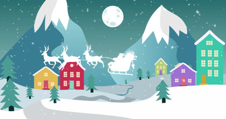 Sleigh of Santa and reindeer flying over snowy village image. Christmas, holiday, winter, festive, Santa Claus, magicの写真素材