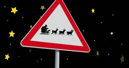 Image of sign with santa in sleigh over stars. Christmas, celebration and digital interface concept digitally generated image.の写真素材