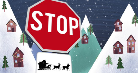 Stop sign and Sleigh of Santa image over snowy village with houses and trees. Christmas, holiday, winter, festive, decoration, celebrationの写真素材