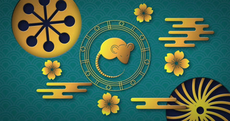 Image of rat symbol in circle with chinese pattern on blue background. Chinese new year, zodiac sign, tradition and celebration concept digitally generated image.の写真素材