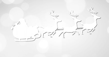 Image of light spots over santa claus in sleigh with reindeer on white background at christmas. Christmas, tradition and celebration concept digitally generated image.の写真素材