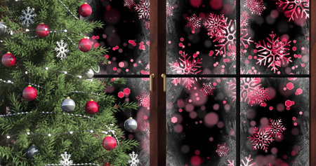 Image of christmas tree and window over snowflakes and light spots on black background. Christmas,...