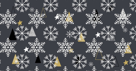 Snowflakes icons in seamless pattern against multiple christmas tree icons on grey background....